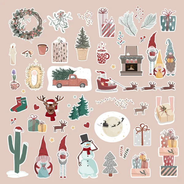 Pegatinas Navidad Con Elementos Dibujos Animados Año Nuevo Personajes Objetos — Vector de stock