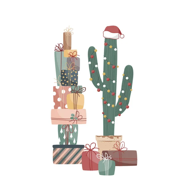 Vánoční Dárkové Krabice Velký Kaktus Zdobený Věncem Santa Klobouk Vektorová — Stockový vektor