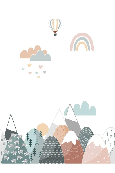 山や雲の風景を描いたドアの手でかわいい保育園のポスター 現代の漫画スタイルのベクトルイラスト — ストックベクタ