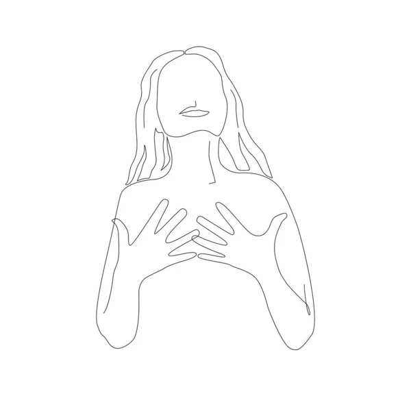 快乐而感恩的女人 双手放在胸前 脸上挂着感恩的手势 连续画线矢量图解 被白色背景隔离的年轻漂亮的女孩 — 图库矢量图片