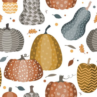 Alışılmadık balkabaklarıyla kusursuz desen ve karalama süsü. Vektör çizimi. Cadılar Bayramı ya da Şükran Günü arka planı, boho paleti.