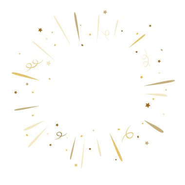 Vector retro firework frame with golden stars and abstract rays isolated on white background. Doodle vector illustration glow sign, circle shape