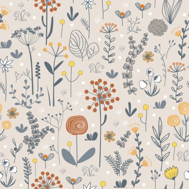 Meadow flowers and herbs boho seamless pattern. Blooming grass doodle background in Scandinavian style. Folk vector pattern.