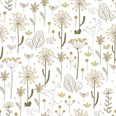 Meadow flowers and herbs boho seamless pattern. Blooming grass doodle background in Scandinavian style. Folk vector pattern.