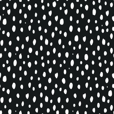 Seamless speckled pattern with white hand drawn dots. Polka dot background, white on black. Vector illustration