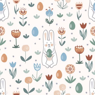 Pattern with hand drawn bunnies, Easter eggs and doodle flowers. Vector seamless pattern in Scandinavian, boho, country style for fabric, wrapping paper, clothing.