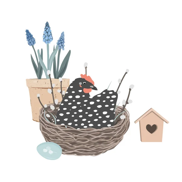 Niedlicher Traubenhyazinthe Topf Und Gefleckte Henne Sitzen Geschmückten Osternest Frühling — Stockvektor