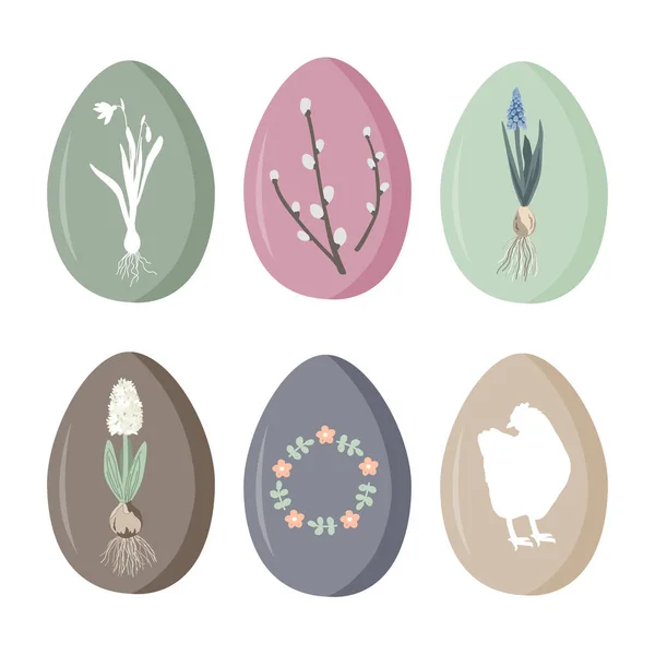 stock vector Set of vintage Easter eggs with floral elements and hen silhouette. Vector illustration