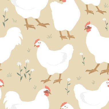 Seamless spring pattern with white chickens and flowers. Vector graphic illustration clipart