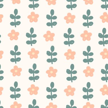 Sevimli el yaprakları ve çiçeklerin dikişsiz deseni. Çocuk odası ya da taşra tarzı İskandinav tarzı. Tekstil tasarımı, selamlar, duvar kağıtları, ambalaj kağıdı, kart, pankart. Vektör illüstrasyonu
