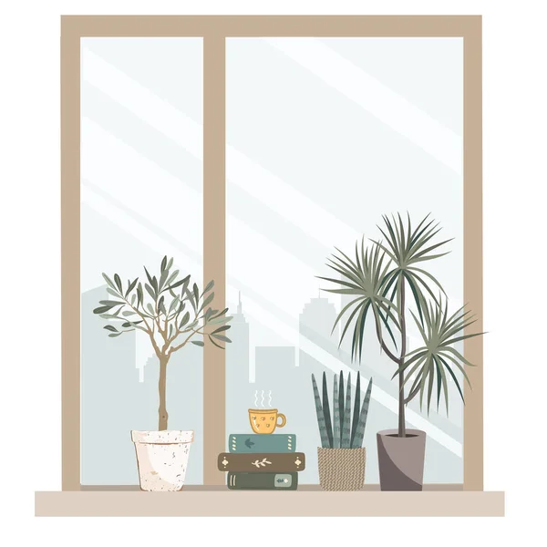 Rośliny Domowe Książki Kubek Gorącym Napojem Parapecie Indoor Roślin Oknie — Wektor stockowy