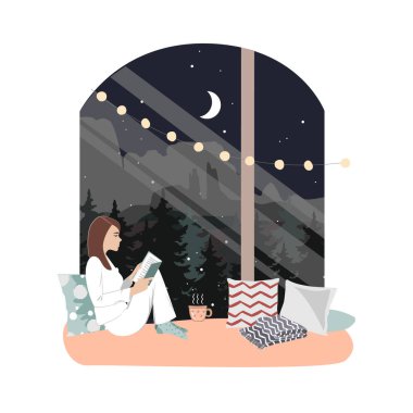 Geceleri pencerede kitap okuyan genç bir kadın. Şehirde çay içip kitap okumak, vektör çizimi..