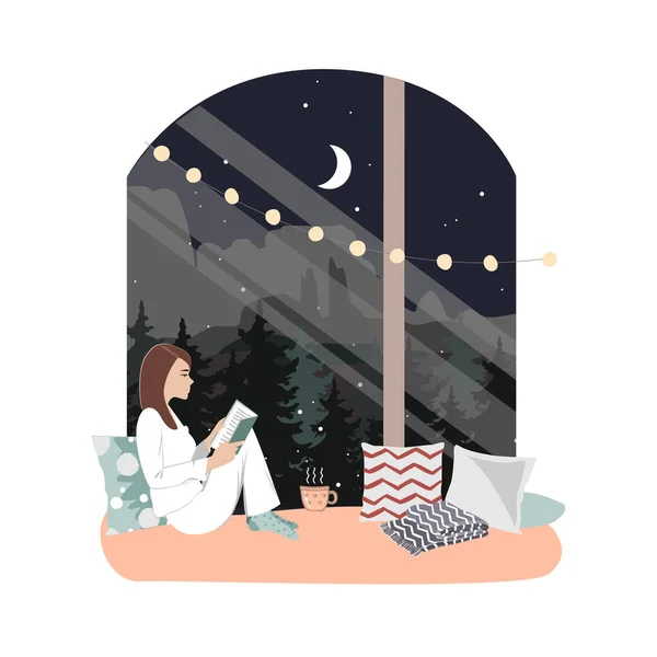 年轻的女人晚上在窗边看书 在城市喝茶和看书 卡通人物图解 — 图库矢量图片
