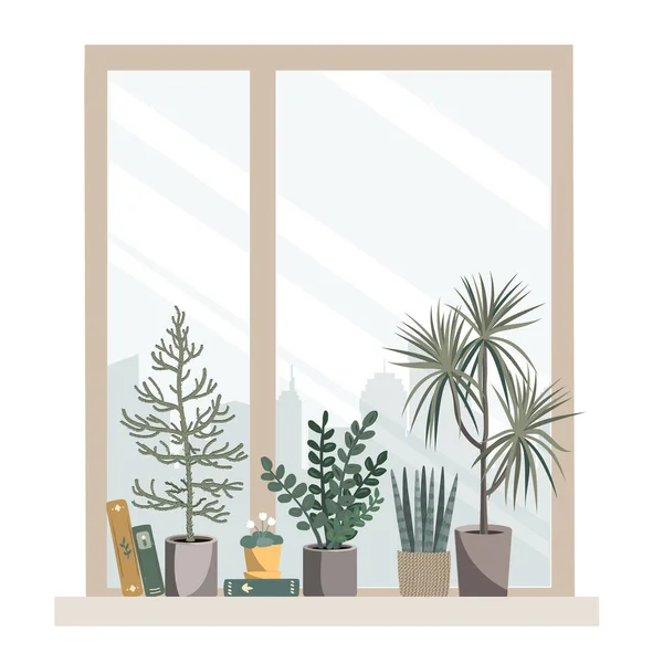 家の植物や窓辺の本 居心地の良い家やオフィスの設計要素で屋内植物 平面状のベクトル分離図 — ストックベクタ