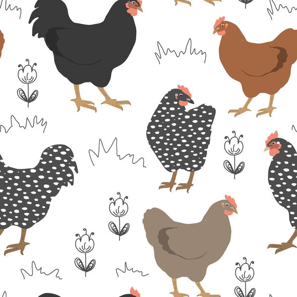 Seamless spring pattern with cute chickens and doodle flowers. Vector graphic illustration.