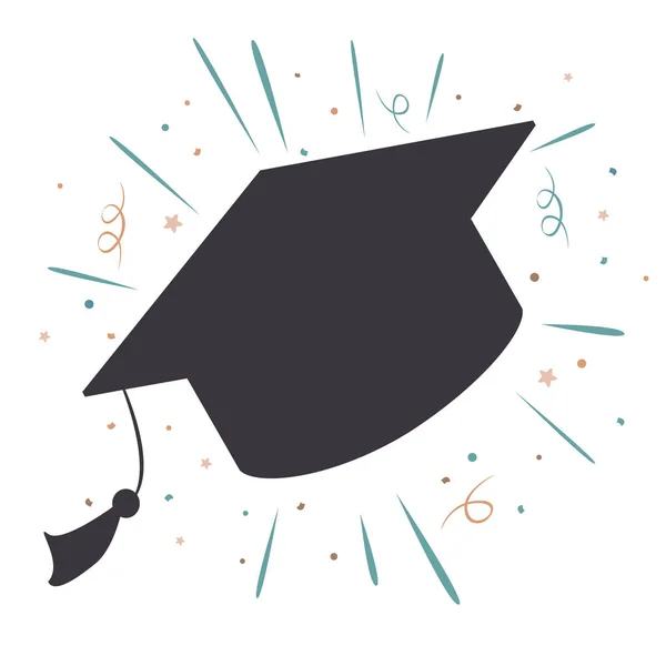 研究生帽涂鸦图标与Confetti和涂鸦闪亮的光芒 高等教育和毕业的象征 矢量孤立的例子 毕业宴会的贺卡 — 图库矢量图片