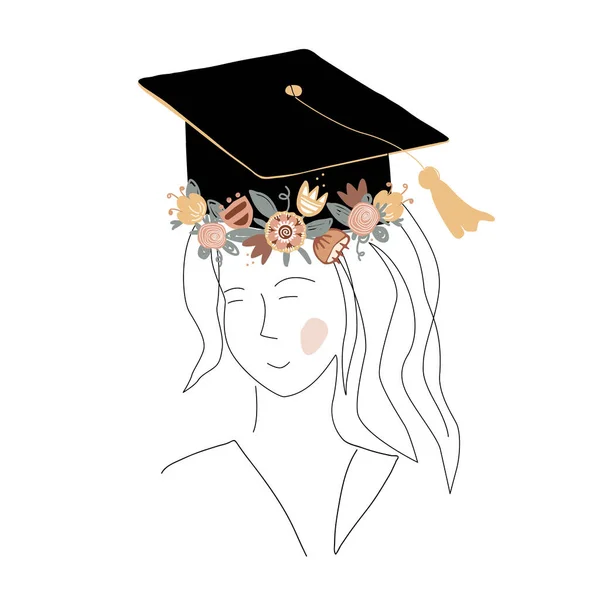 Silhueta Menina Bonito Boné Graduação Decorado Com Coroa Flores Doodle —  Vetores de Stock