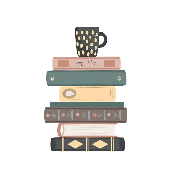 Pile Vintage Books Mug Top Standing Books Composition Isolated White — Stock Vector