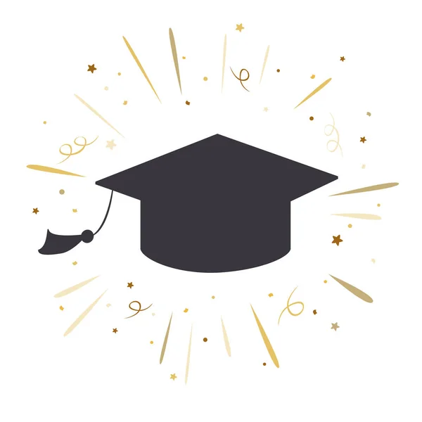 Graduate Student Hat Doodle Icon Golden Confetti Doodle Shiny Rays — Vetor de Stock