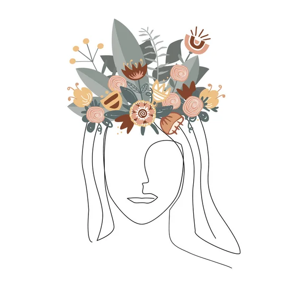 花の花輪を持つ女性の頭のシルエット 森林乾燥や自然女王の概念 トレンドの女性の顔は 1つのラインアートスタイルで孤立したイラスト 連続アート現代ベクトルイラスト — ストックベクタ