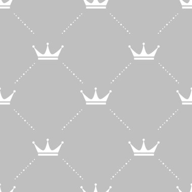 Gri arka planda beyaz taçlar. Kraliyet pürüzsüz desen, bebek tekstil ya da duvar kağıdı vektör tasarımı