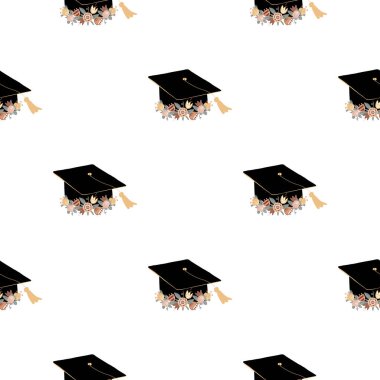 Tatlı mezuniyet şapkası karalama çiçeği çelengi ile süslenmiş, pürüzsüz desenli. Mortarboard, yüksek eğitim ve mezuniyet sembolü. Vektör illüstrasyonu.