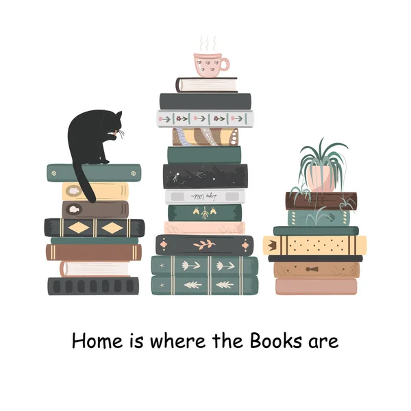 빈티지 그리고 꼭대기에 고양이와 말이죠 책들이 곳입니다 도서관 벡터의 — 스톡 벡터