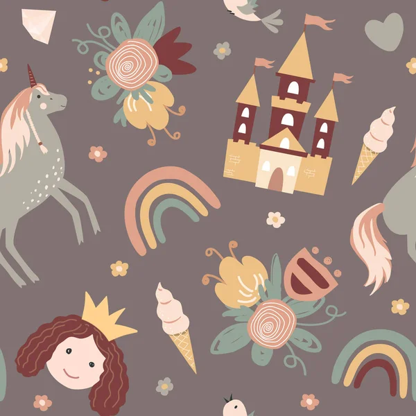 stock vector Princess seamless pattern in Scandinavian style. Castle, rainbow, flowers, unicorn, and diamonds. Vector boho background, adorable textile design for children