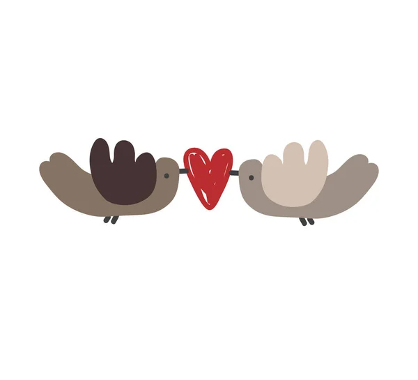 Deux Oiseaux Mignons Doodle Tenant Cœur Fiançailles Invitation Mariage Concept — Image vectorielle
