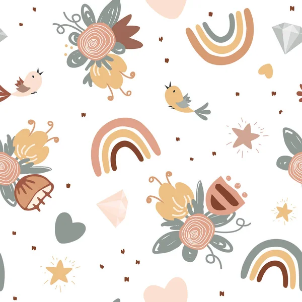 Gökkuşağı Kuşlar Çiçeklerle Kusursuz Desen Çocuk Dekorasyonu Kumaşlar Çocuk Tekstili — Stok Vektör