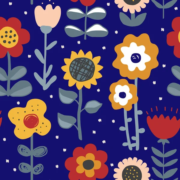 Fee Handgezeichnete Blumen Auf Dunkelblauem Hintergrund Vektor Nahtlose Muster Kinderzimmer — Stockvektor