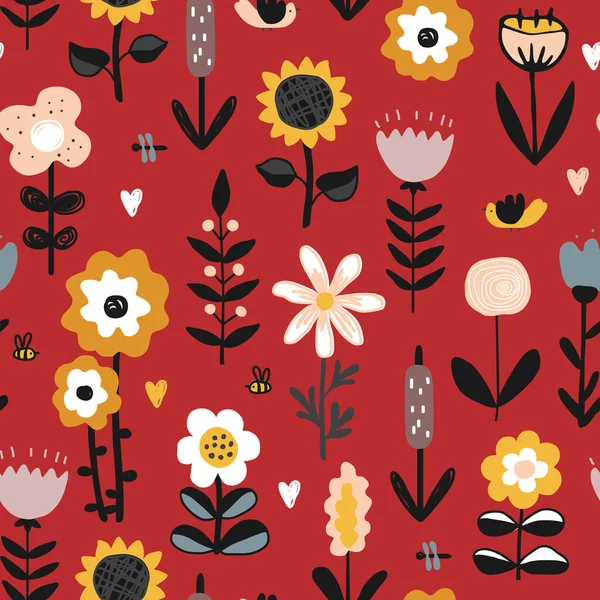 Niedliche Handgezeichnete Blumen Herzen Und Vögel Auf Rotem Hintergrund Vektor — Stockvektor