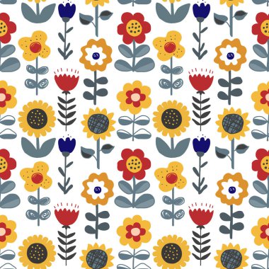 Cute hand drawn flowers seamless pattern. Nursery or rustic background in Scandinavian style. Design for textile, greetings, wallpapers, wrapping paper, card, banner. Vector illustration. clipart