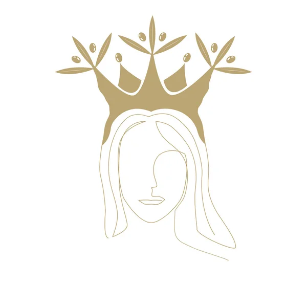 Cara Mujer Con Icono Corona Olivo Logo Aceite Oliva Primera — Vector de stock