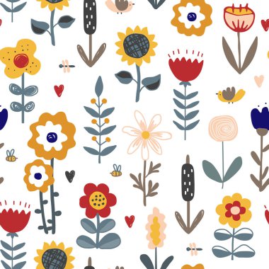Şirin el çizimi çiçekler pürüzsüz desen. İskandinav tarzında çocuk odası ya da köy geçmişi. Tekstil tasarımı, selamlar, duvar kağıtları, ambalaj kağıdı, kart, pankart. Vektör illüstrasyonu.