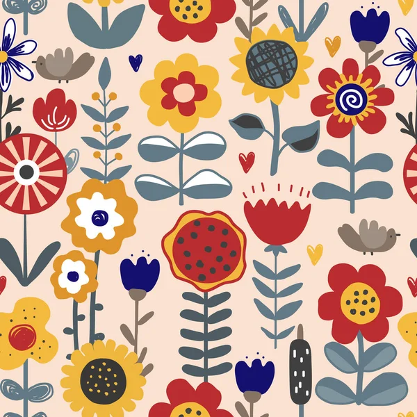 Niedliche Handgezeichnete Blumen Nahtloses Muster Wiese Rustikalen Hintergrund Skandinavischen Stil — Stockvektor