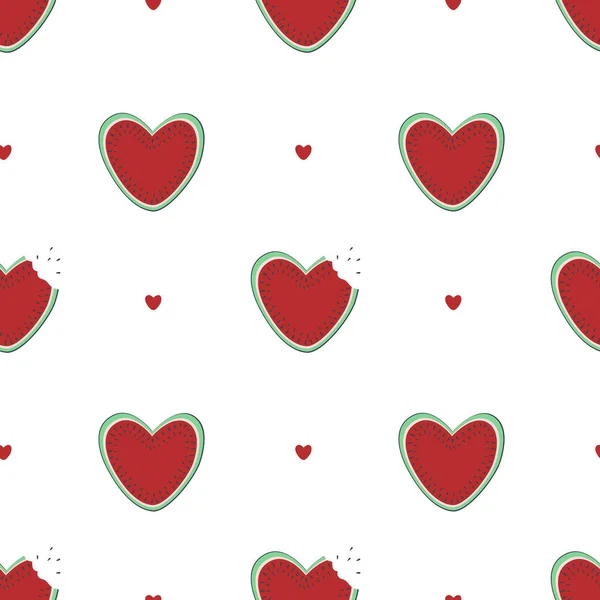 Απρόσκοπτη Μοτίβο Χαριτωμένο Σχήμα Καρδιάς Φέτα Καρπουζιού Φαγωμένη Γεύση Καλοκαιρινή — Διανυσματικό Αρχείο