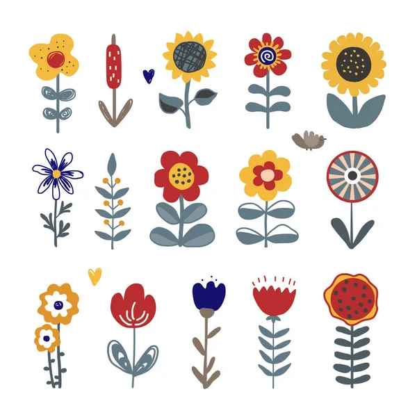 Kolekcja Uroczych Kwiatów Ludowym Stylu Skandynawskim Izolowane Wektor Ilustracji Urocze — Wektor stockowy