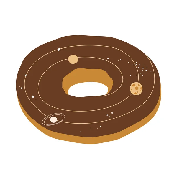 Chocolade Donut Met Ruimte Baan Planeten Decoratie Donut Universum Concept — Stockvector