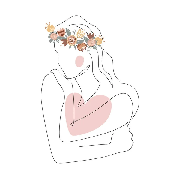 ベクトルイラストが好き 花の花輪を持つ美しい女性は自分自身を抱いています 白地に隔離された身体と精神のケアデザインコンセプト — ストックベクタ