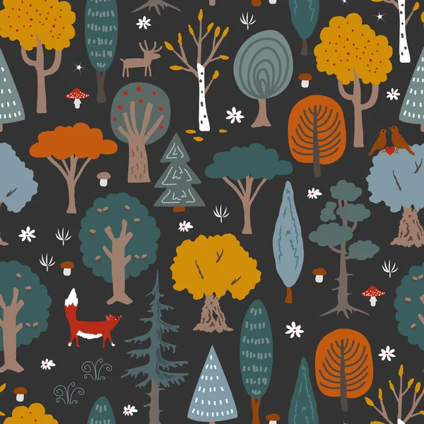 木や茂みを描いた手をかわす 暗い背景にベクトル秋の森のイラスト 漫画フラット北欧スタイル デザイン繊維生地 包装紙 — ストックベクタ