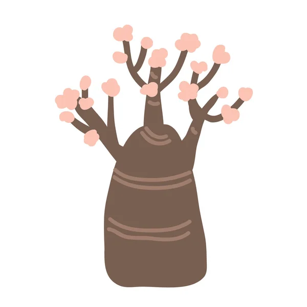 Kreskówka Drzewo Butelka Kwiatami Odizolowane Wektor Ilustracji Róża Pustynna Adenium — Wektor stockowy