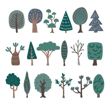 Orman yabani bitkiler tırnak koleksiyonu. Elle çizilmiş ağaçlar, izole edilmiş. İskandinav tarzı vektör çizimi.