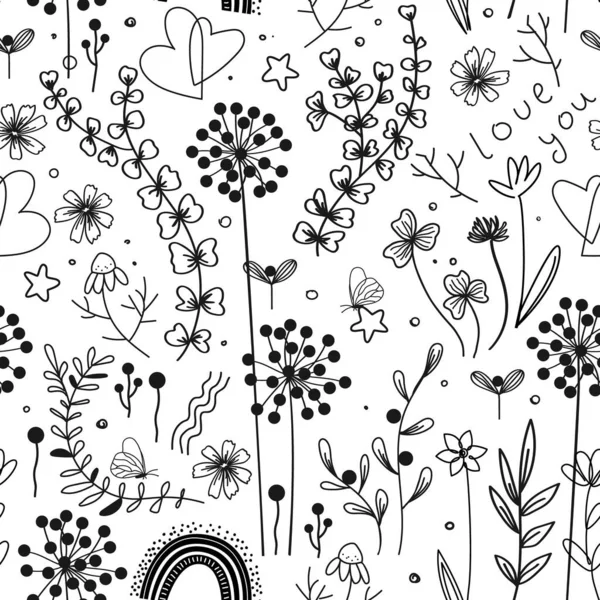 草本植物与草本植物的无缝花纹 手绘花草素描涂鸦矢量轮廓背景 — 图库矢量图片