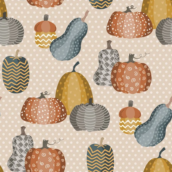 Cute Doodle Pumpkins Seamless Pattern Polka Dot Beige Background Halloween — Stock Vector