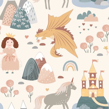 Princess seamless pattern in Scandinavian style. Castle, rainbow, flowers, unicorn, and dragon fairy kingdom. Vector boho background, textile design for children clipart