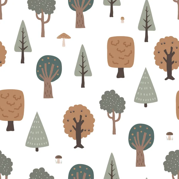 ベクター秋の森の木のイラスト 漫画の平らなスカンジナビア様式の背景 設計織物 包むペーパー 子供の継ぎ目が無いパターン — ストックベクタ