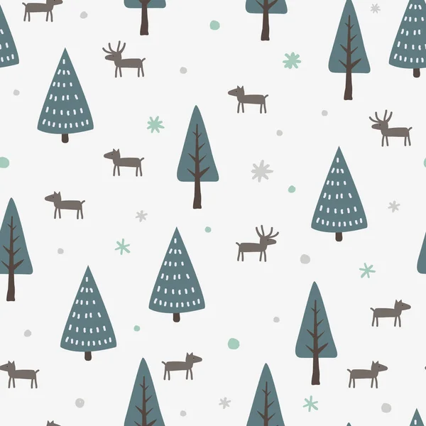 圣诞无缝图案 白色背景上有鹿 树和雪花 矢量说明 — 图库矢量图片