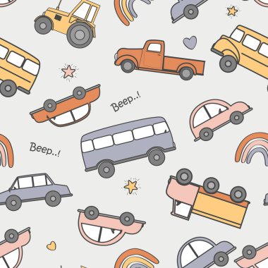 Güzel el yapımı arabalar, komik trafik sıkışıklığı. Bebek deseni İskandinav tarzında. Güzel aracı olan kusursuz bir parmak izi. Çocuk bezi, tekstil, duvar kağıdı için çizgi film taşımacılığı. Vektör.