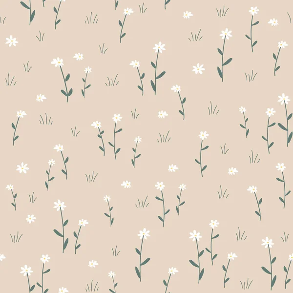 Seamless pattern with daisy flower. Small white flowers and green leaves on beige background. Cute floral print. Vector illustration.
